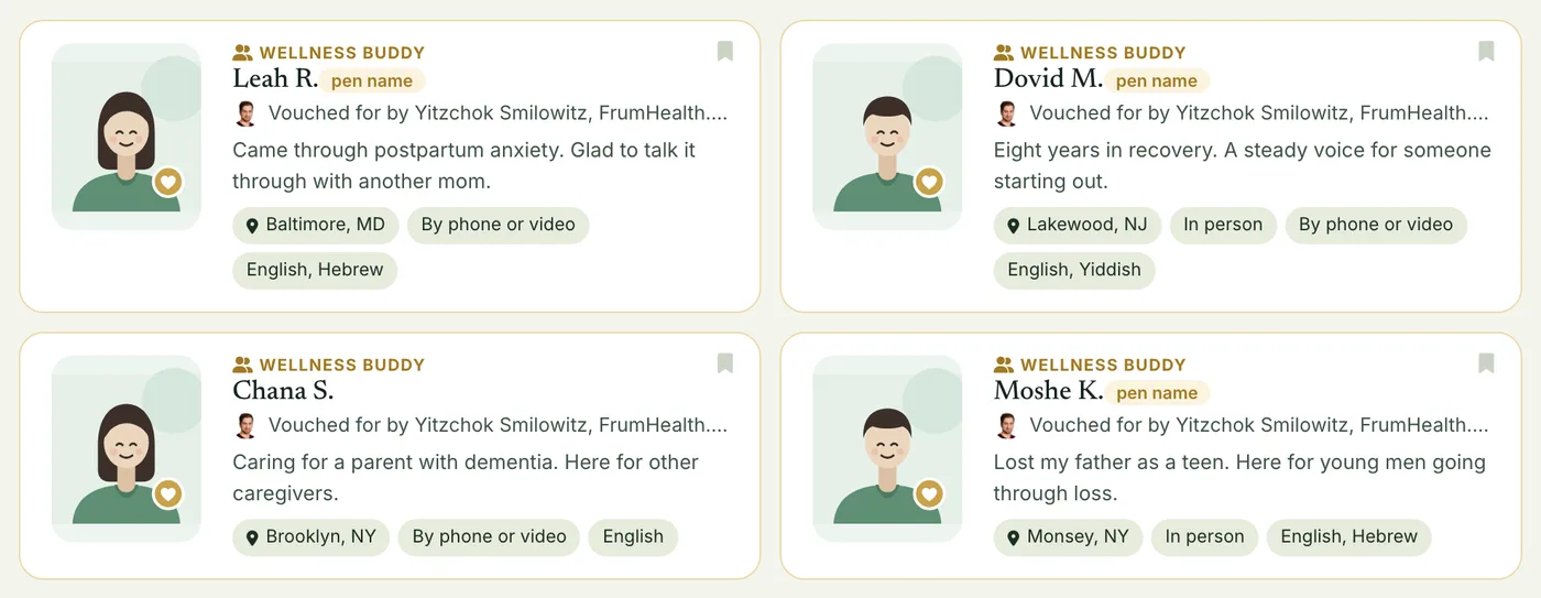 Wellness Buddy cards, each with the provider who vouches for them.